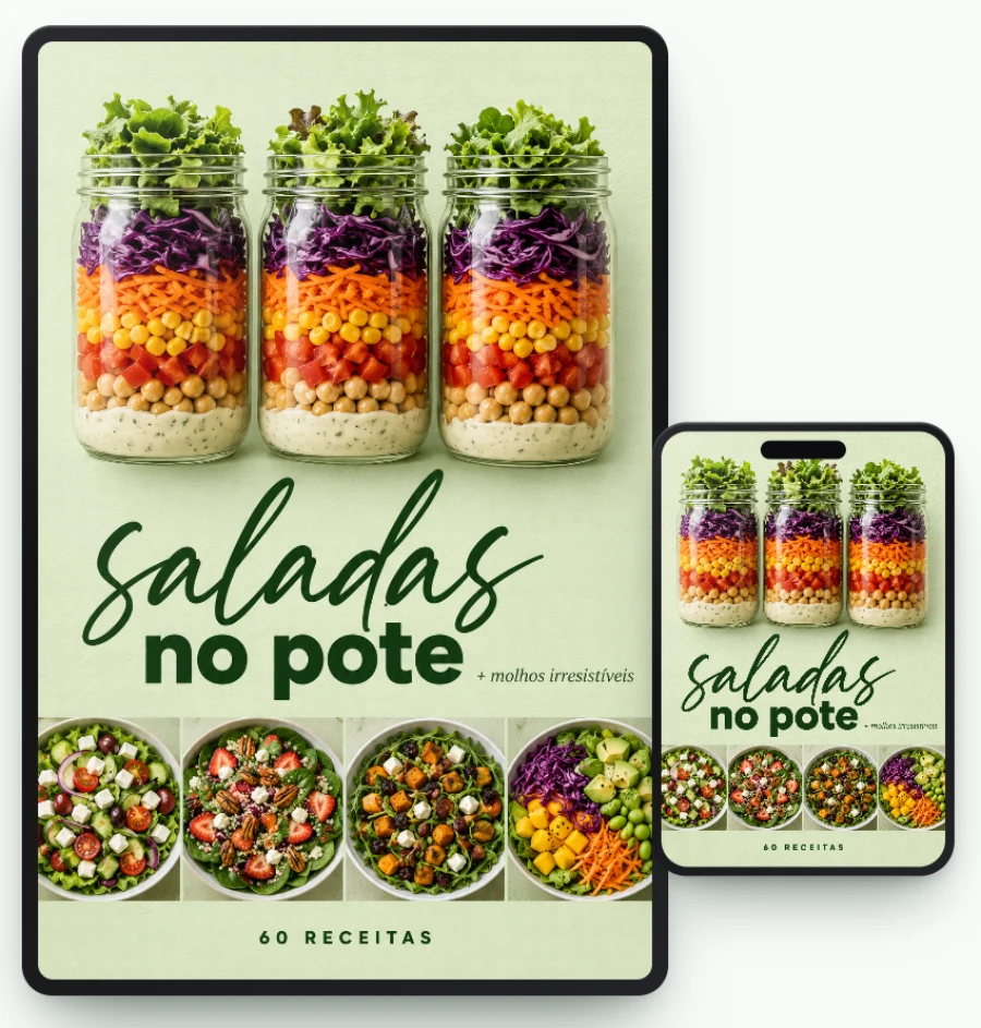 As 60 receitas de saladas no pote abertas no tablet e no celular